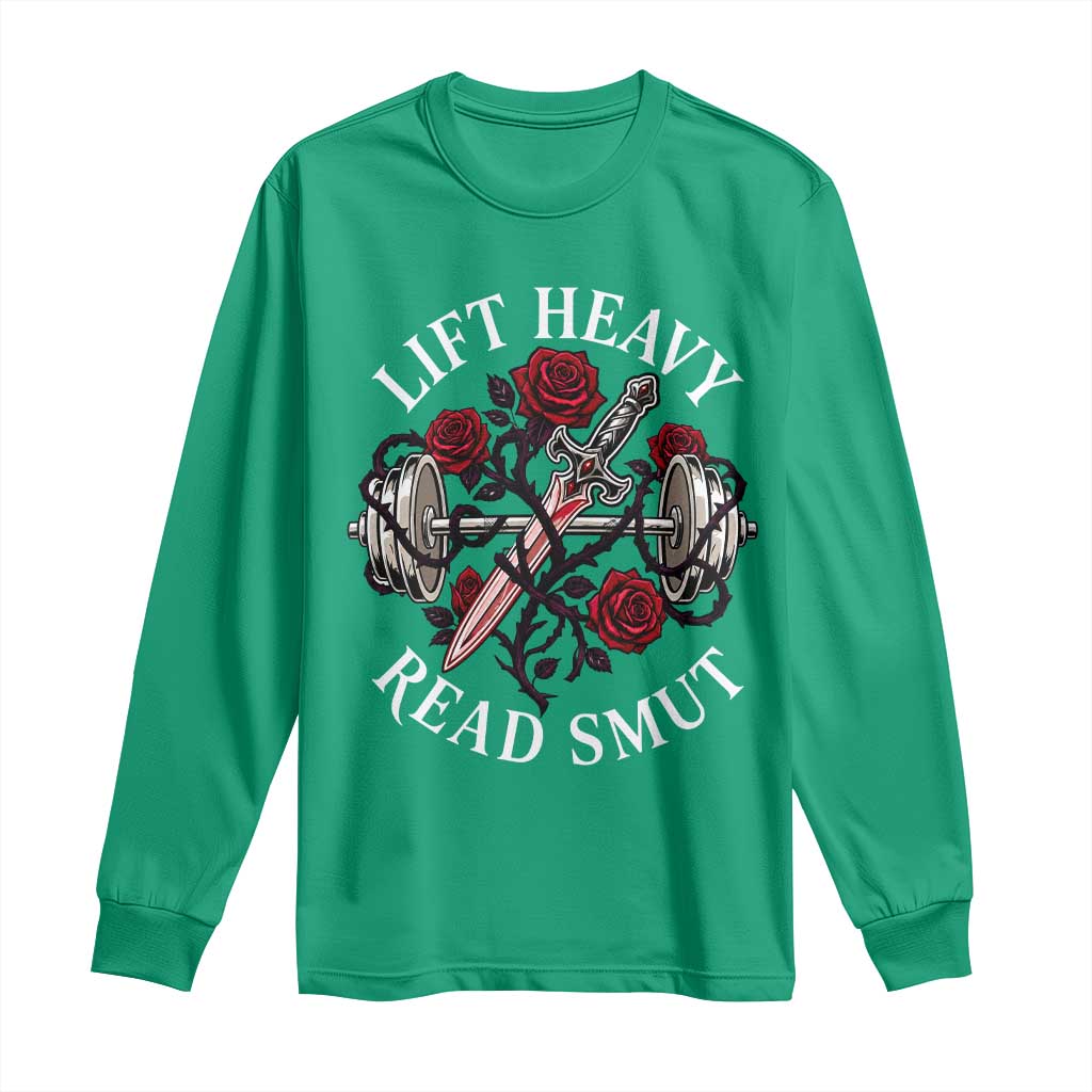 Lift Heavy Read Smut Funny Bookish Fitness Long Sleeve Shirt Vintage Gothic Dagger Roses Weightlifting Spicy Romance Book Lover