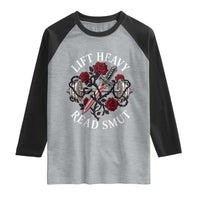 Lift Heavy Read Smut Funny Bookish Fitness Raglan Shirt Vintage Gothic Dagger Roses Weightlifting Spicy Romance Book Lover