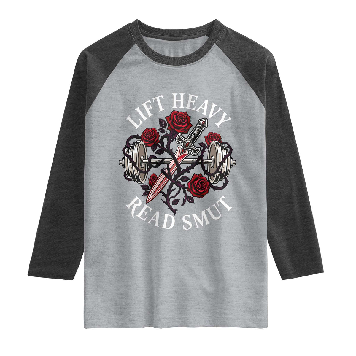 Lift Heavy Read Smut Funny Bookish Fitness Raglan Shirt Vintage Gothic Dagger Roses Weightlifting Spicy Romance Book Lover