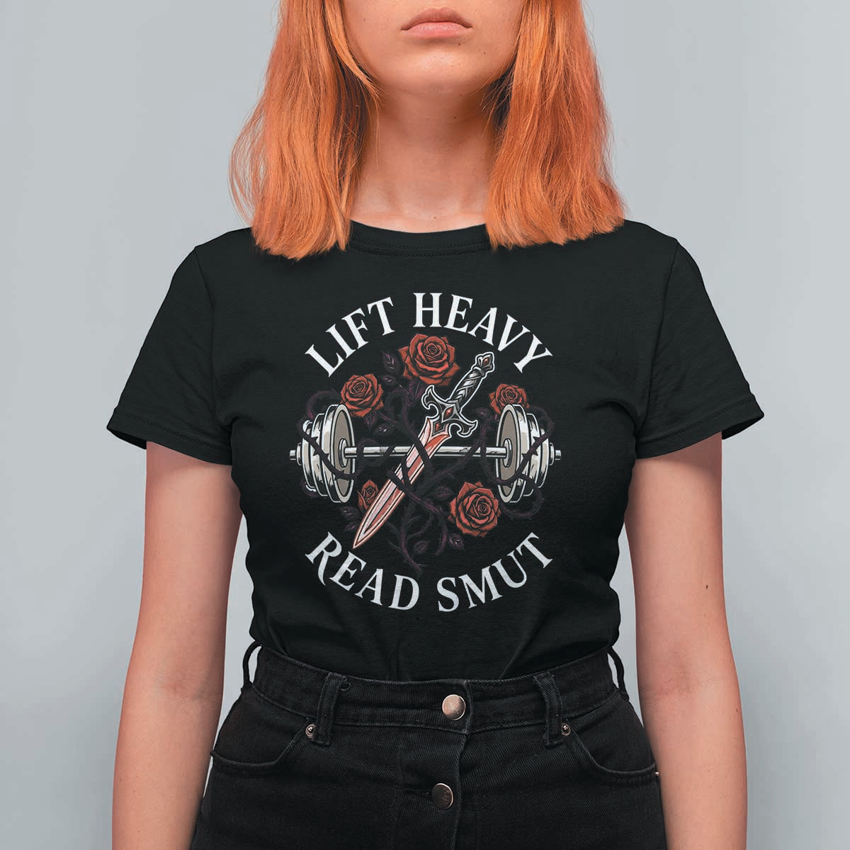 Lift Heavy Read Smut Funny Bookish Fitness T Shirt For Women Vintage Gothic Dagger Roses Weightlifting Spicy Romance Book Lover