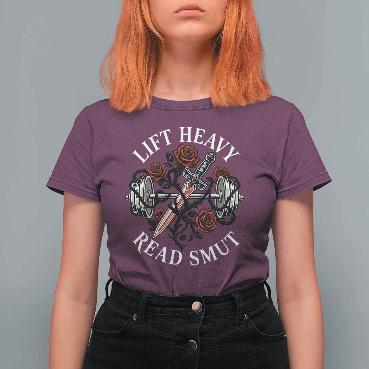 Lift Heavy Read Smut Funny Bookish Fitness T Shirt For Women Vintage Gothic Dagger Roses Weightlifting Spicy Romance Book Lover