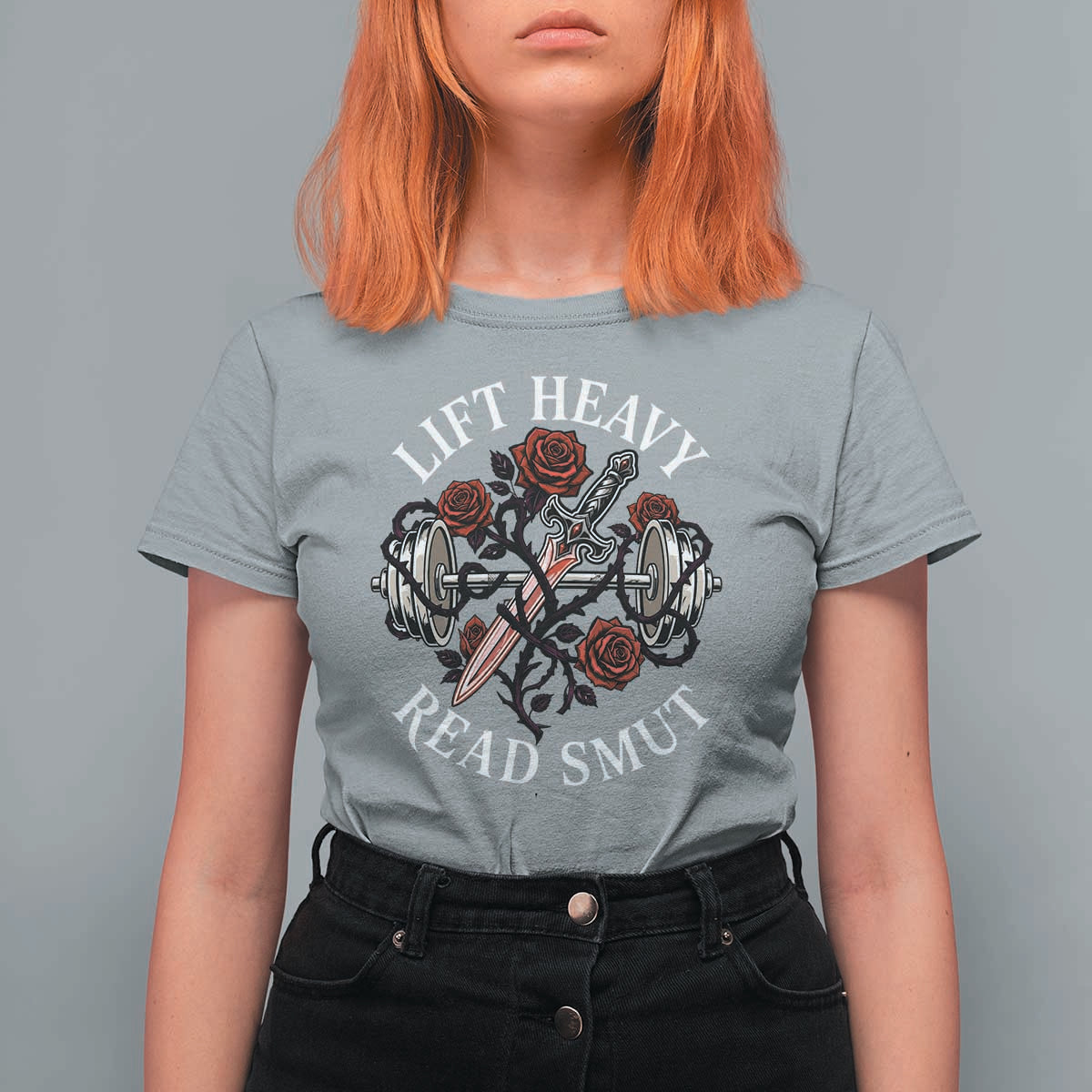 Lift Heavy Read Smut Funny Bookish Fitness T Shirt For Women Vintage Gothic Dagger Roses Weightlifting Spicy Romance Book Lover