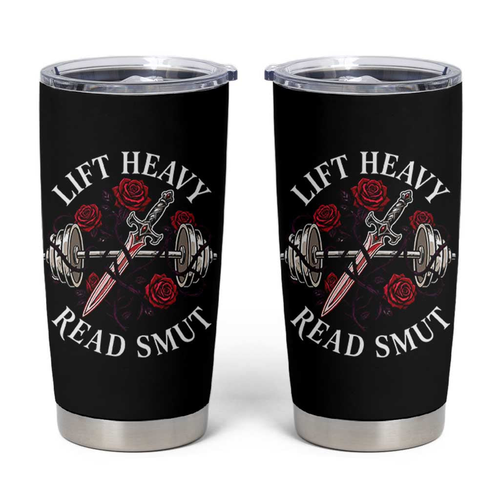 Lift Heavy Read Smut Funny Bookish Fitness Tumbler Cup Vintage Gothic Dagger Roses Weightlifting Spicy Romance Book Lover