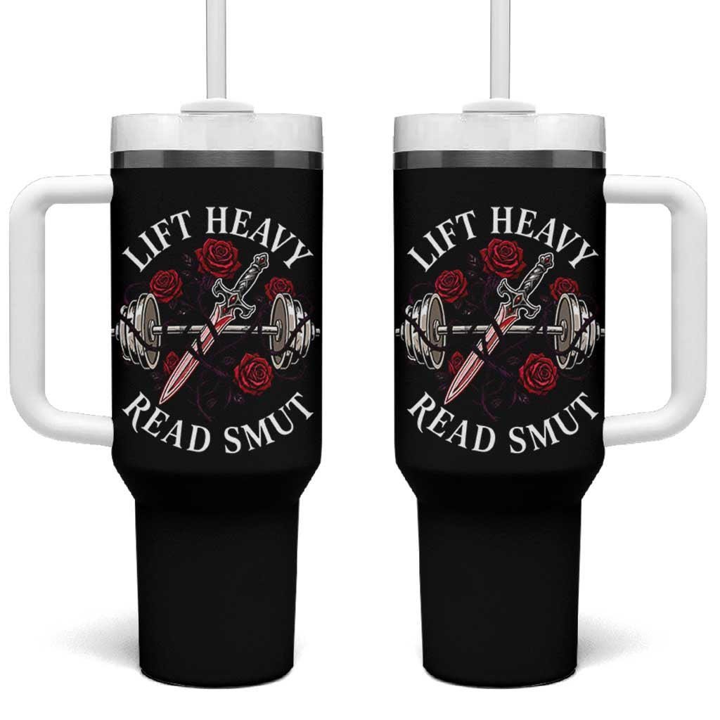 Lift Heavy Read Smut Funny Bookish Fitness Tumbler With Handle Vintage Gothic Dagger Roses Weightlifting Spicy Romance Book Lover