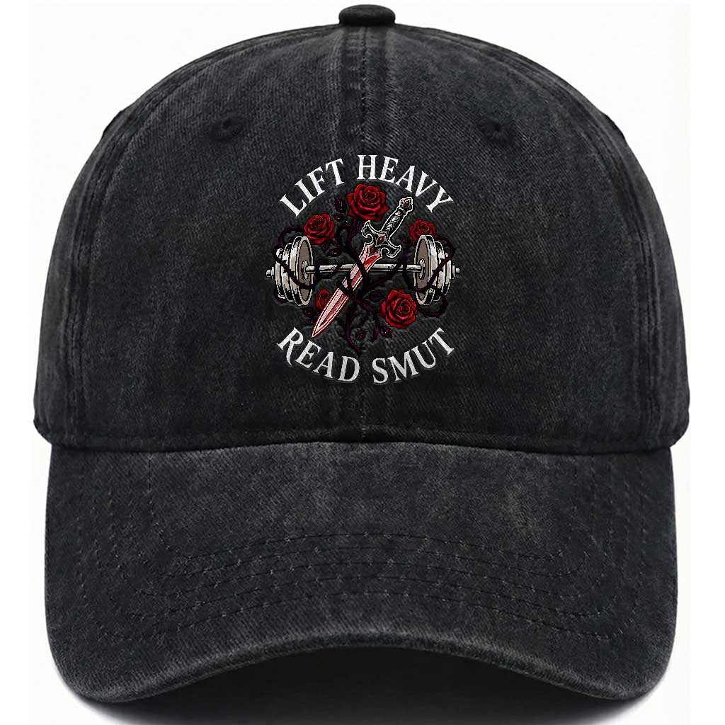 Lift Heavy Read Smut Funny Bookish Fitness Washed Cotton Baseball Cap Vintage Gothic Dagger Roses Weightlifting Spicy Romance Book Lover