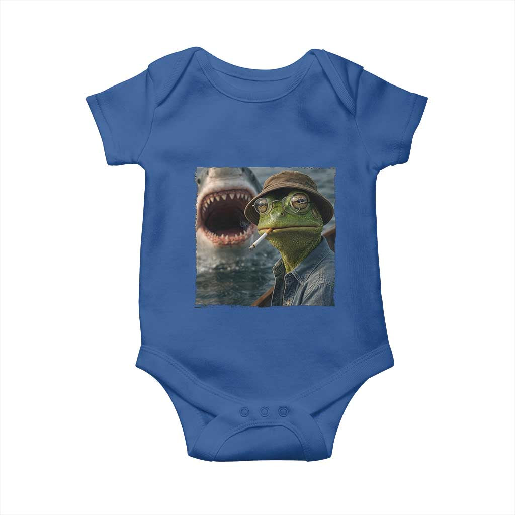 Unbothered Frog Smoking Cigarette Meme Baby Onesie Cinematic Shark Attack Calmness Graphic Dark Humor