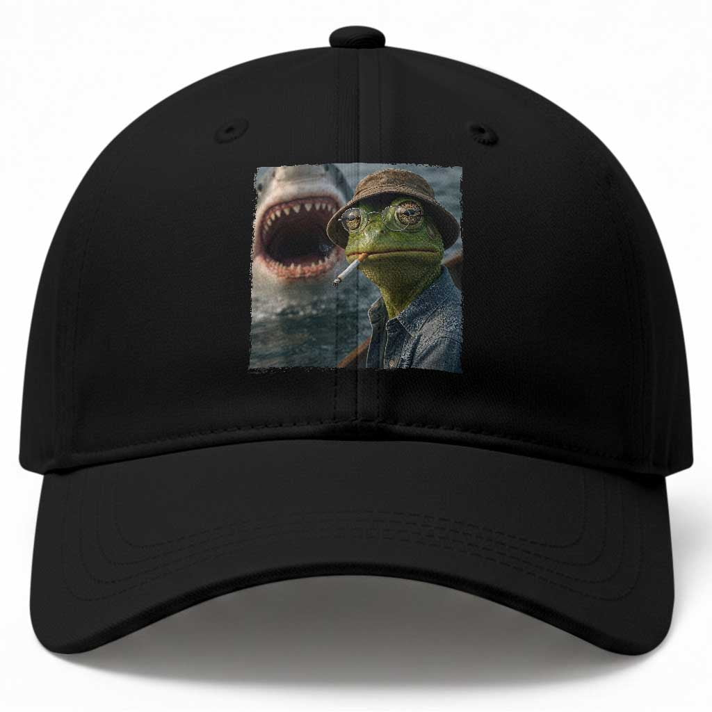 Unbothered Frog Smoking Cigarette Meme Baseball Cap Cinematic Shark Attack Calmness Graphic Dark Humor