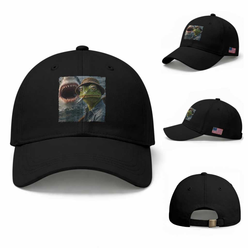 Unbothered Frog Smoking Cigarette Meme Baseball Cap Cinematic Shark Attack Calmness Graphic Dark Humor