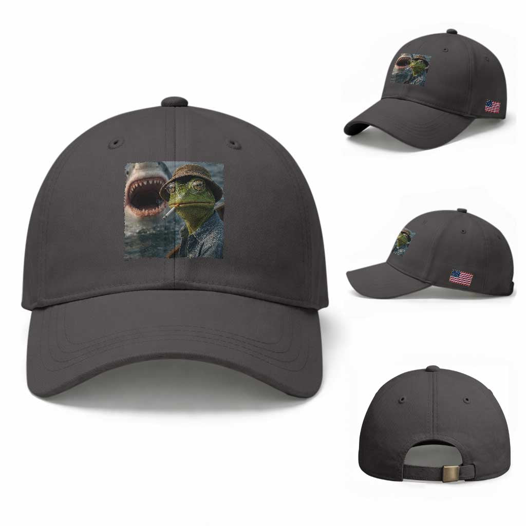 Unbothered Frog Smoking Cigarette Meme Baseball Cap Cinematic Shark Attack Calmness Graphic Dark Humor