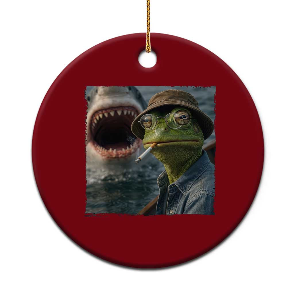 Unbothered Frog Smoking Cigarette Meme Ceramic Ornament Cinematic Shark Attack Calmness Graphic Dark Humor