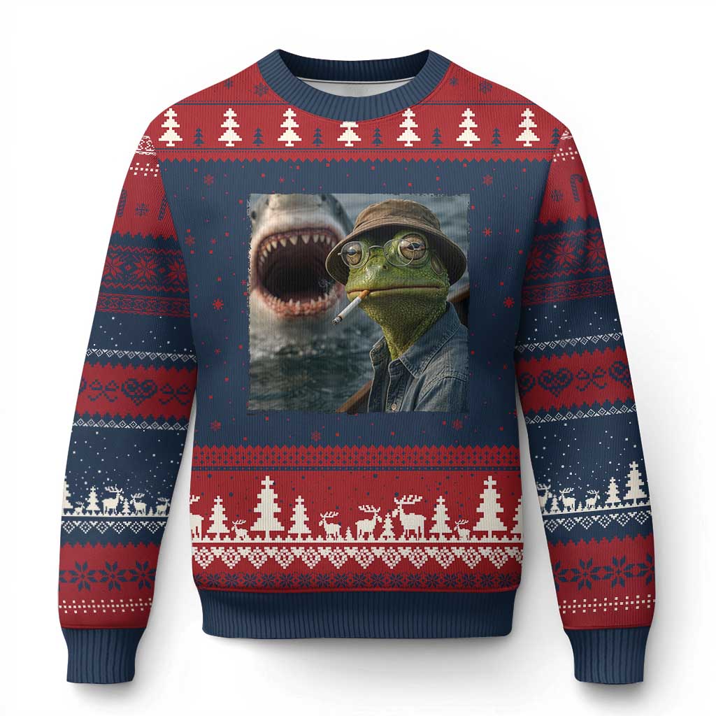 Unbothered Frog Smoking Cigarette Meme Ugly Christmas Sweater Cinematic Shark Attack Calmness Graphic Dark Humor