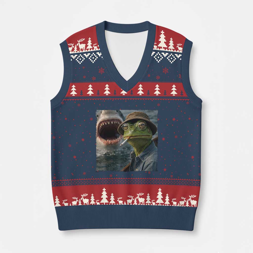 Unbothered Frog Smoking Cigarette Meme V-Neck Knit Sweater Vest Cinematic Shark Attack Calmness Graphic Dark Humor