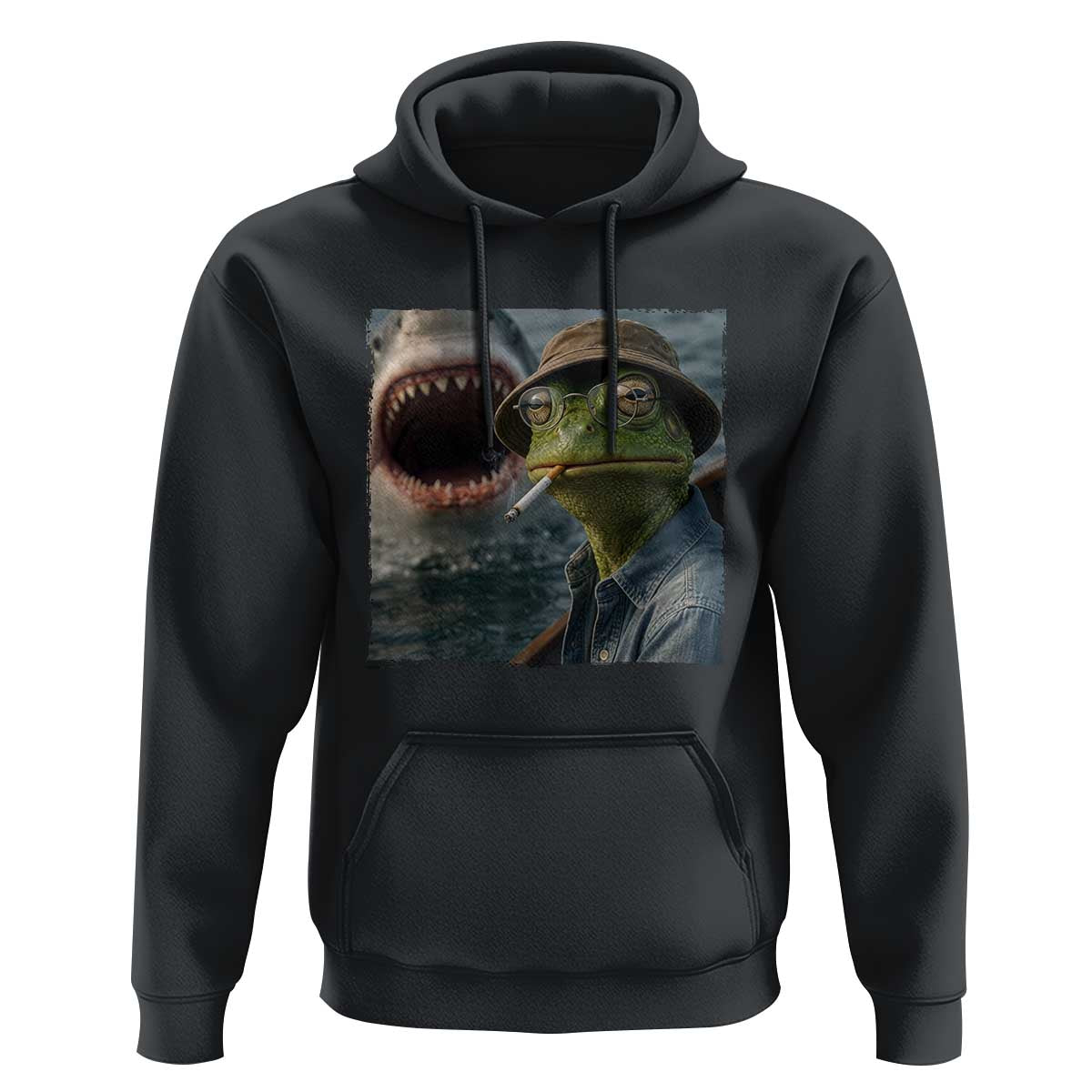 Unbothered Frog Smoking Cigarette Meme Hoodie Cinematic Shark Attack Calmness Graphic Dark Humor