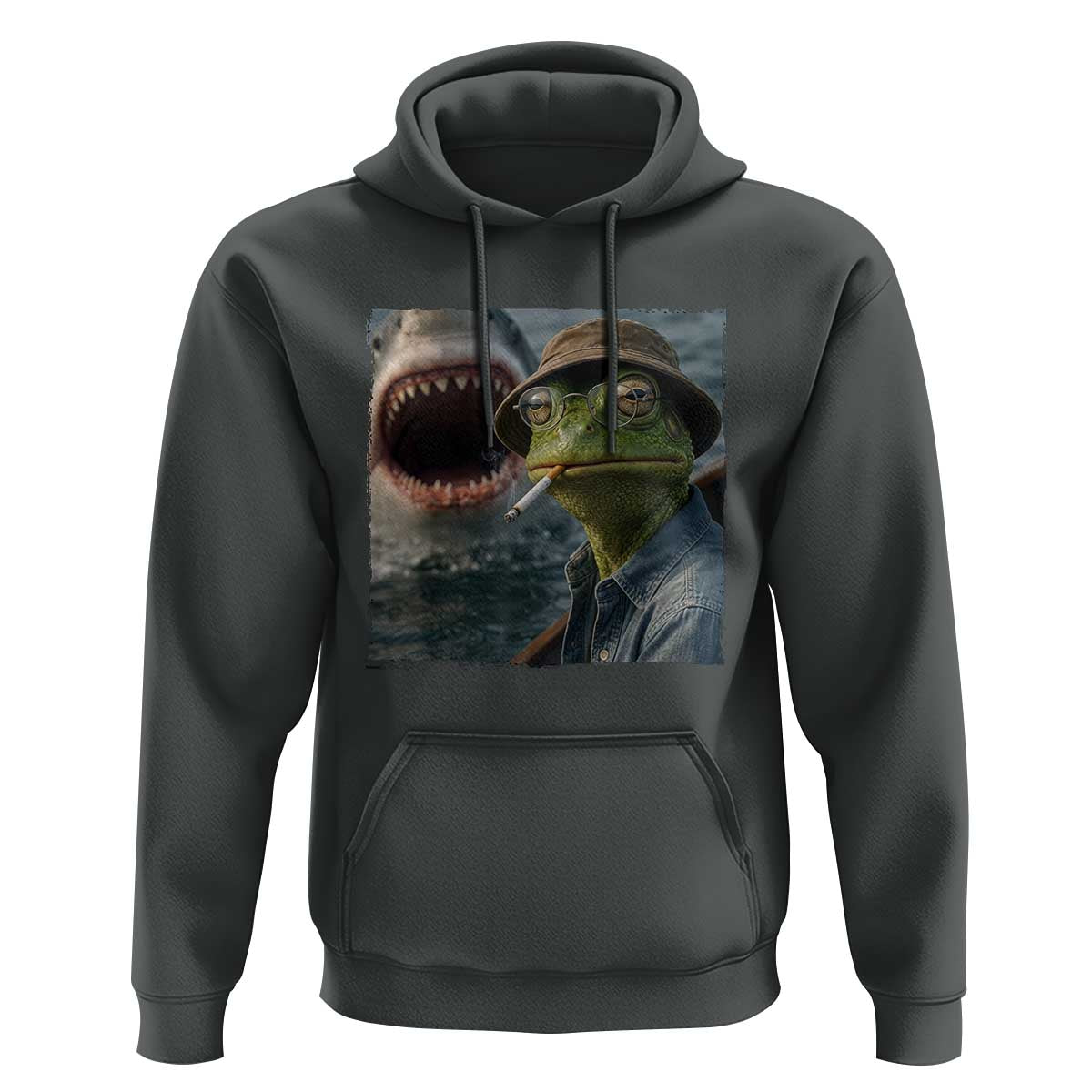 Unbothered Frog Smoking Cigarette Meme Hoodie Cinematic Shark Attack Calmness Graphic Dark Humor