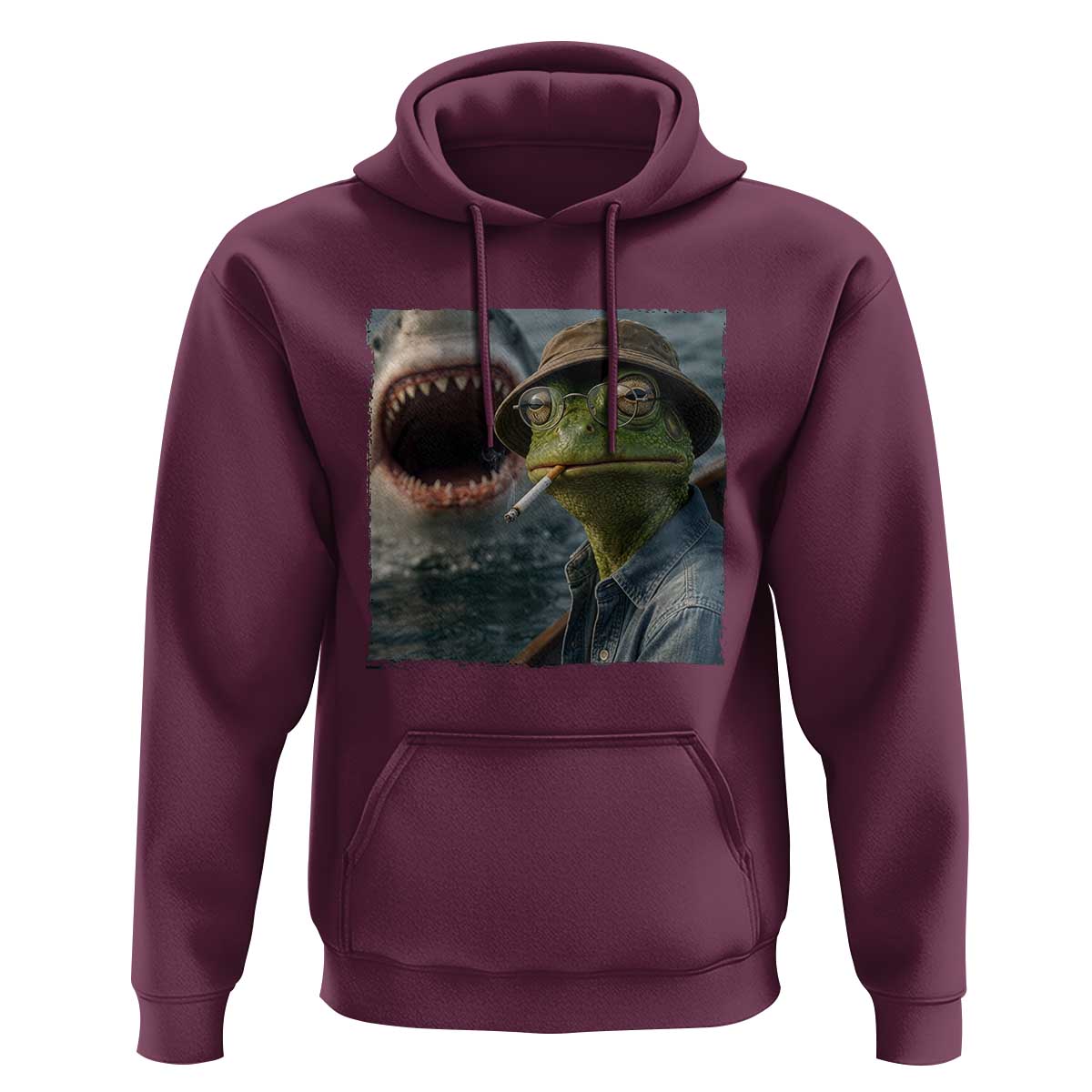 Unbothered Frog Smoking Cigarette Meme Hoodie Cinematic Shark Attack Calmness Graphic Dark Humor