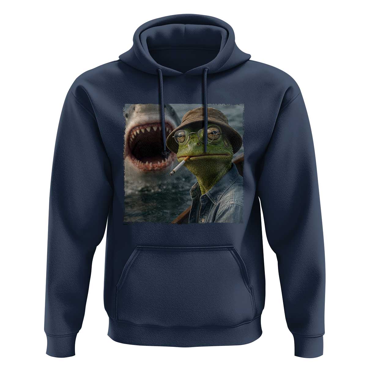 Unbothered Frog Smoking Cigarette Meme Hoodie Cinematic Shark Attack Calmness Graphic Dark Humor