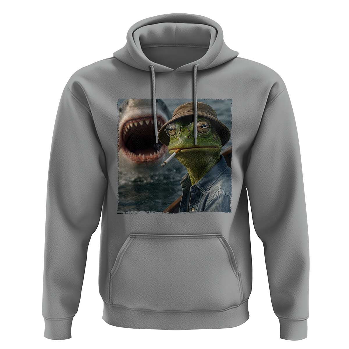 Unbothered Frog Smoking Cigarette Meme Hoodie Cinematic Shark Attack Calmness Graphic Dark Humor