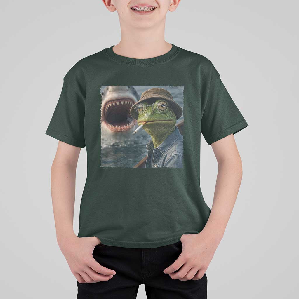 Unbothered Frog Smoking Cigarette Meme T Shirt For Kid Cinematic Shark Attack Calmness Graphic Dark Humor
