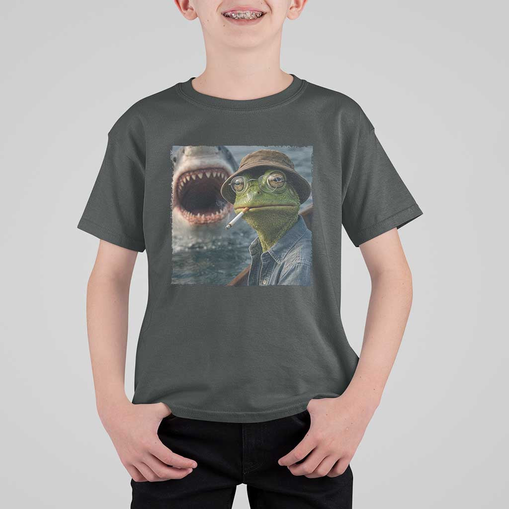 Unbothered Frog Smoking Cigarette Meme T Shirt For Kid Cinematic Shark Attack Calmness Graphic Dark Humor
