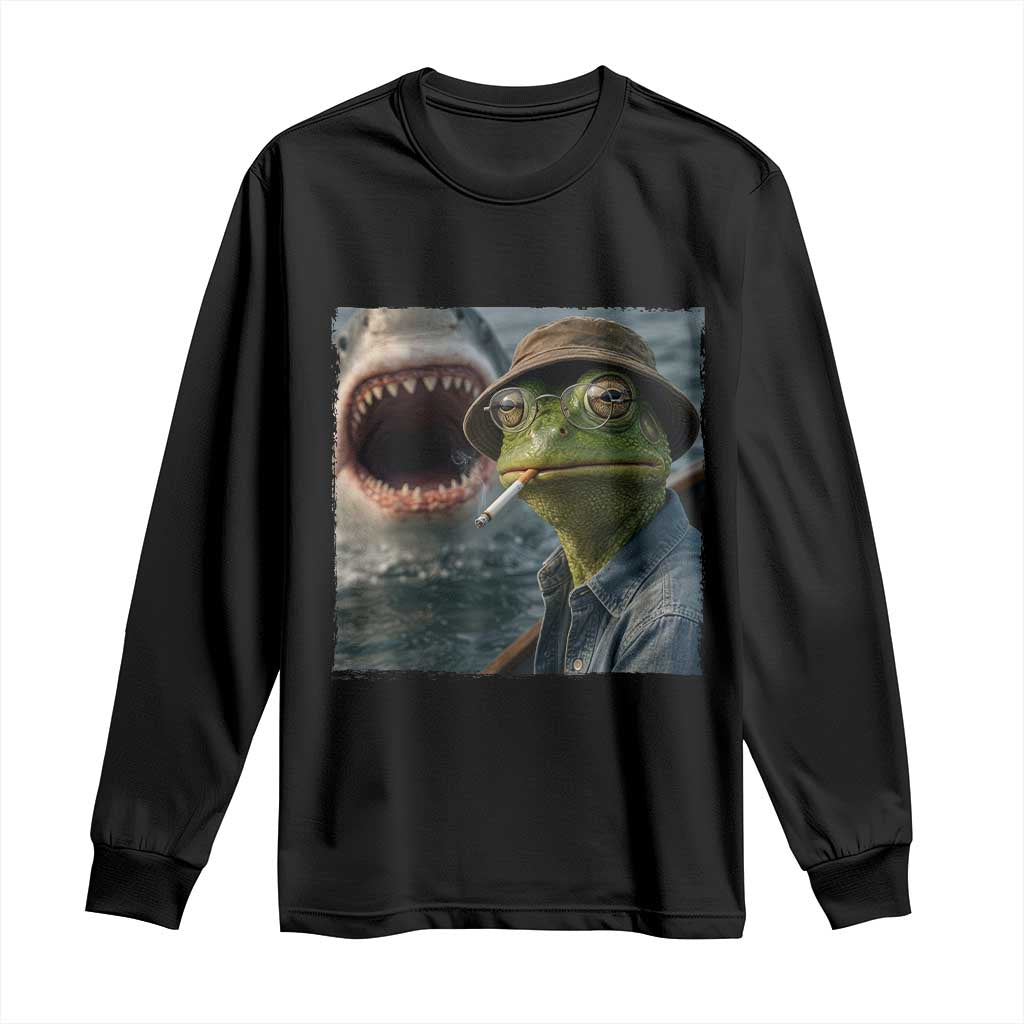 Unbothered Frog Smoking Cigarette Meme Long Sleeve Shirt Cinematic Shark Attack Calmness Graphic Dark Humor