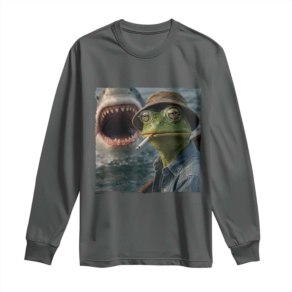 Unbothered Frog Smoking Cigarette Meme Long Sleeve Shirt Cinematic Shark Attack Calmness Graphic Dark Humor
