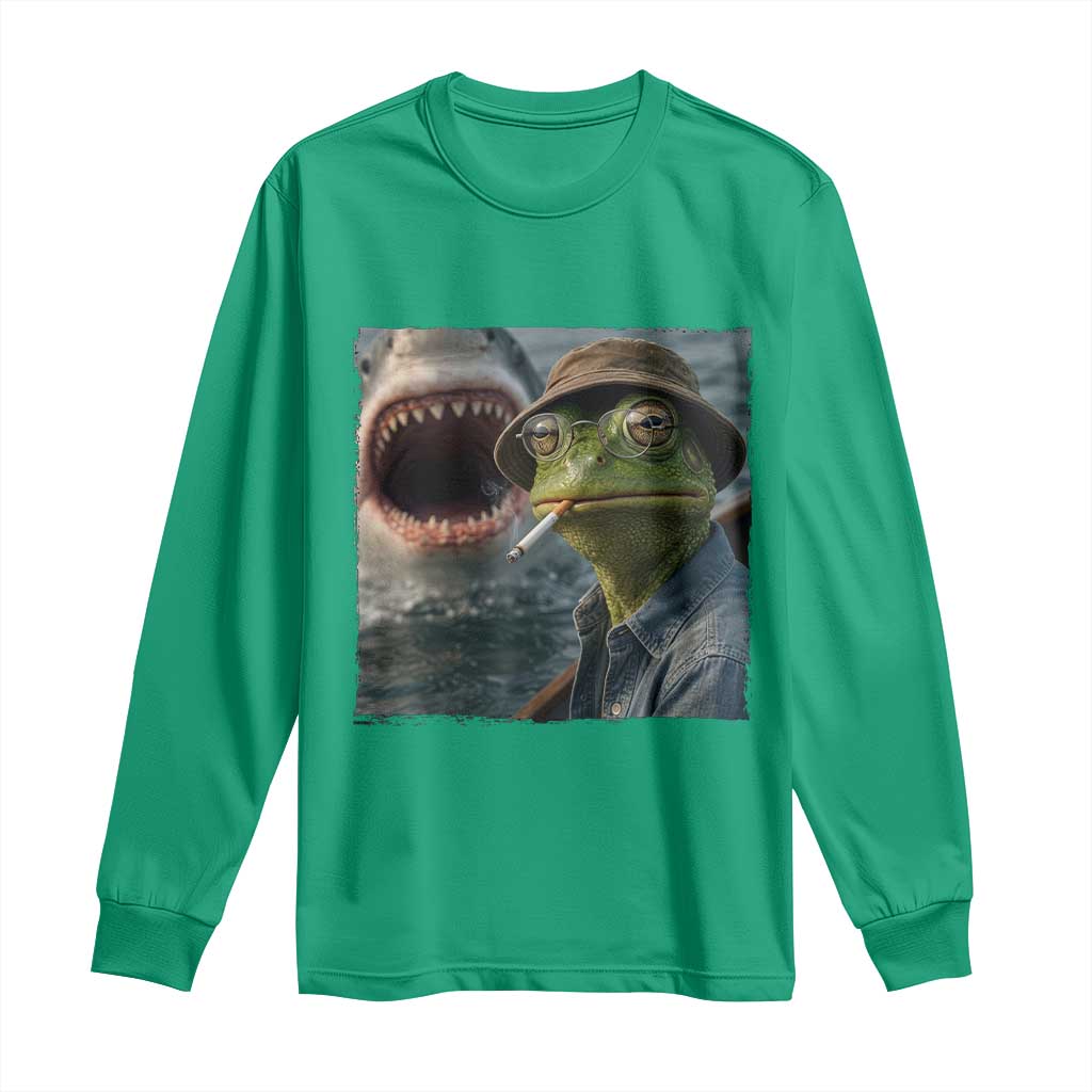 Unbothered Frog Smoking Cigarette Meme Long Sleeve Shirt Cinematic Shark Attack Calmness Graphic Dark Humor