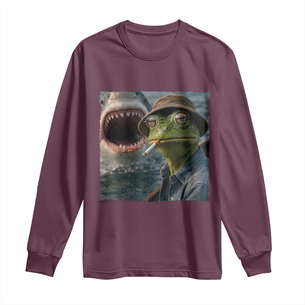 Unbothered Frog Smoking Cigarette Meme Long Sleeve Shirt Cinematic Shark Attack Calmness Graphic Dark Humor