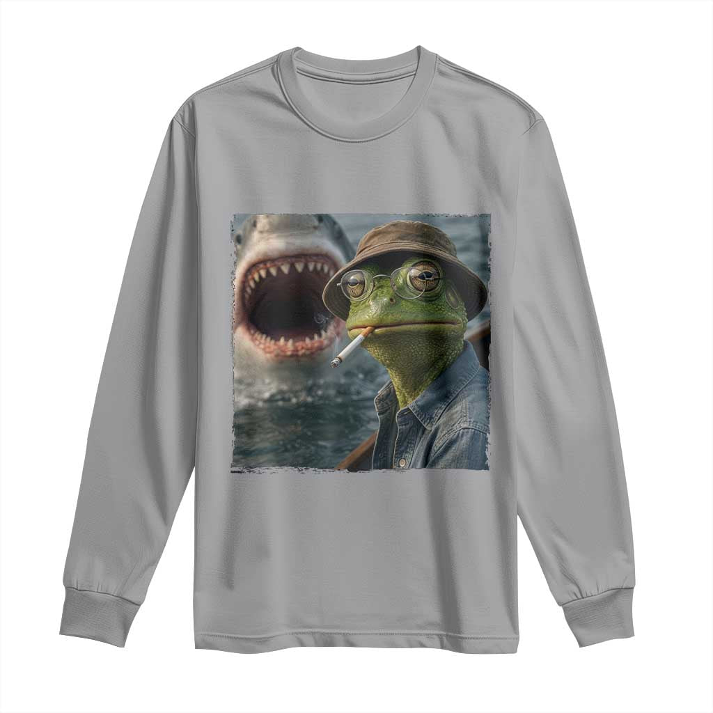 Unbothered Frog Smoking Cigarette Meme Long Sleeve Shirt Cinematic Shark Attack Calmness Graphic Dark Humor