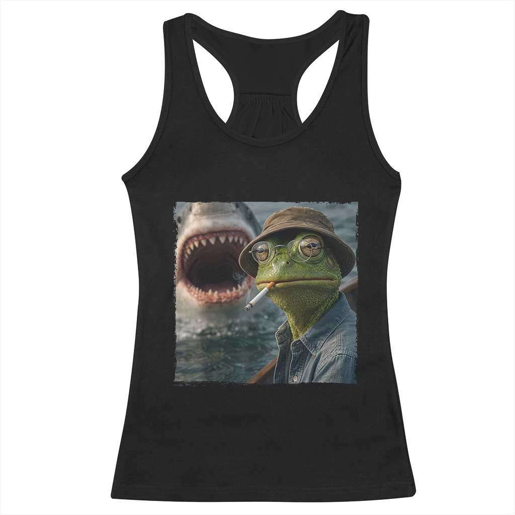 Unbothered Frog Smoking Cigarette Meme Racerback Tank Top Cinematic Shark Attack Calmness Graphic Dark Humor