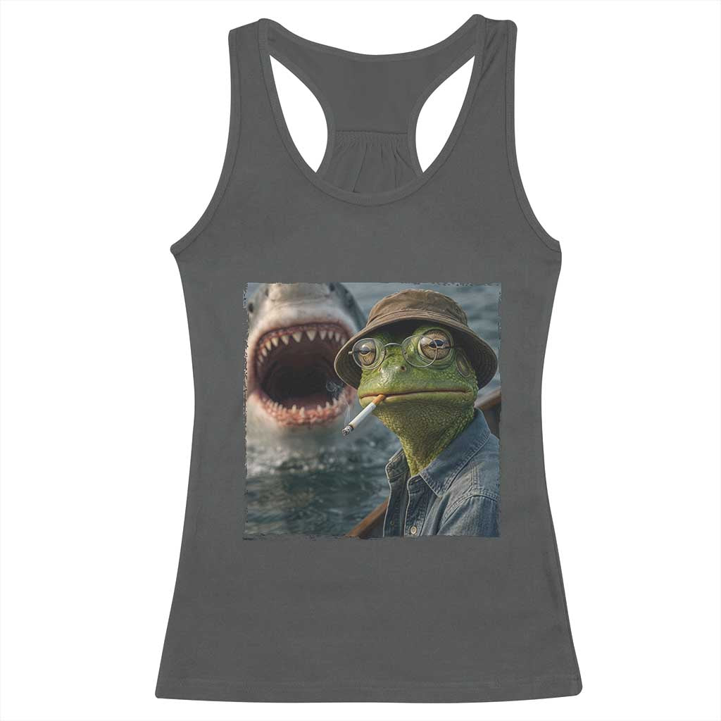 Unbothered Frog Smoking Cigarette Meme Racerback Tank Top Cinematic Shark Attack Calmness Graphic Dark Humor