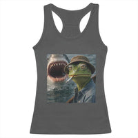 Unbothered Frog Smoking Cigarette Meme Racerback Tank Top Cinematic Shark Attack Calmness Graphic Dark Humor