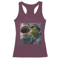 Unbothered Frog Smoking Cigarette Meme Racerback Tank Top Cinematic Shark Attack Calmness Graphic Dark Humor
