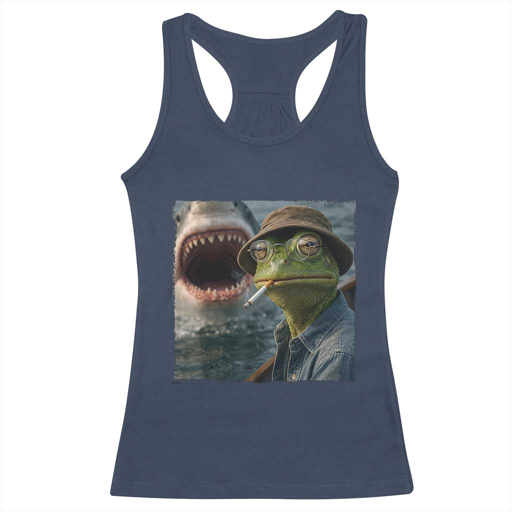 Unbothered Frog Smoking Cigarette Meme Racerback Tank Top Cinematic Shark Attack Calmness Graphic Dark Humor