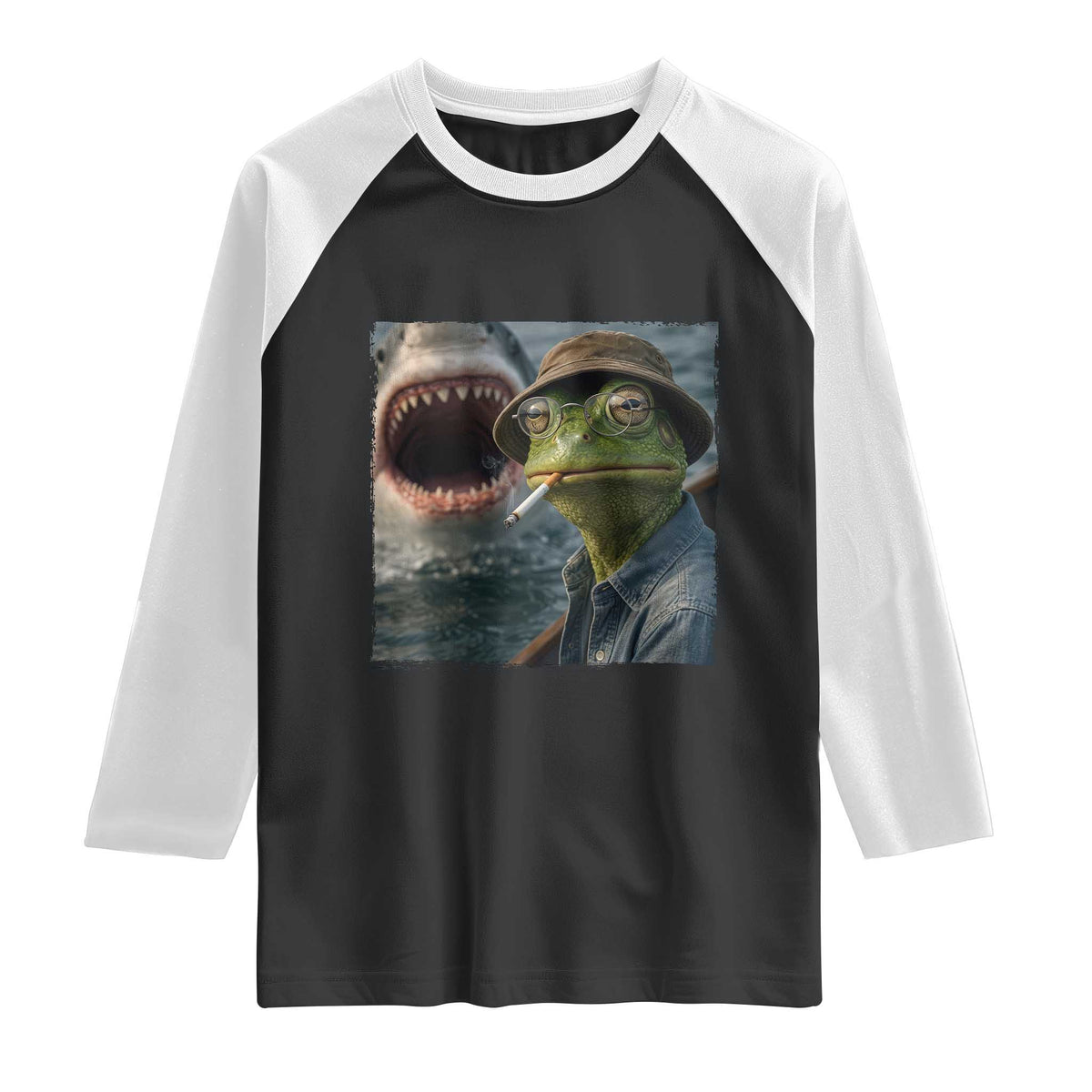 Unbothered Frog Smoking Cigarette Meme Raglan Shirt Cinematic Shark Attack Calmness Graphic Dark Humor