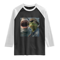 Unbothered Frog Smoking Cigarette Meme Raglan Shirt Cinematic Shark Attack Calmness Graphic Dark Humor