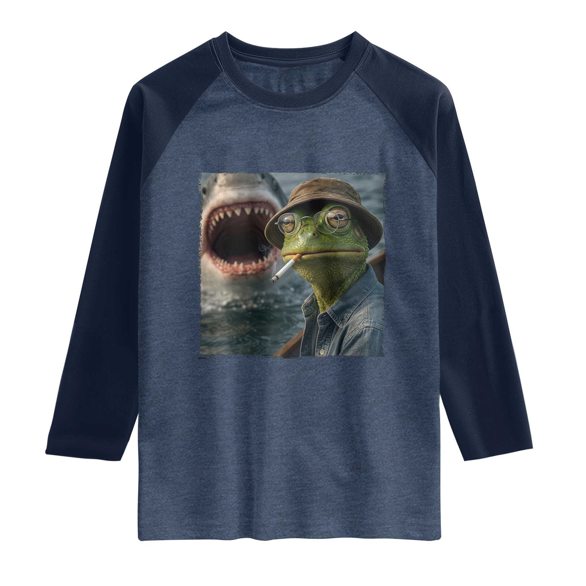 Unbothered Frog Smoking Cigarette Meme Raglan Shirt Cinematic Shark Attack Calmness Graphic Dark Humor