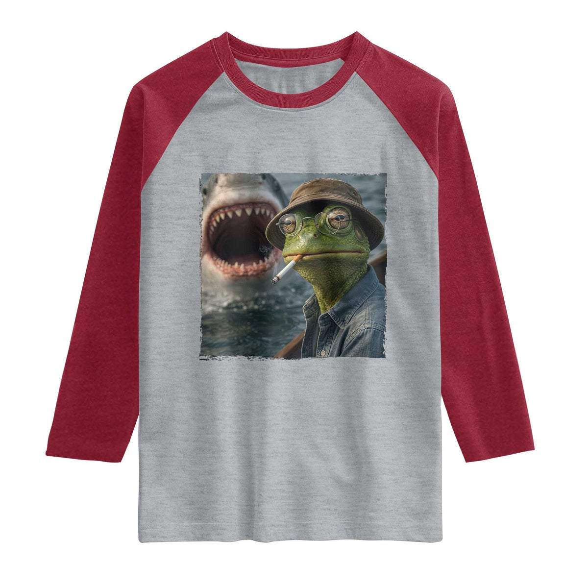 Unbothered Frog Smoking Cigarette Meme Raglan Shirt Cinematic Shark Attack Calmness Graphic Dark Humor