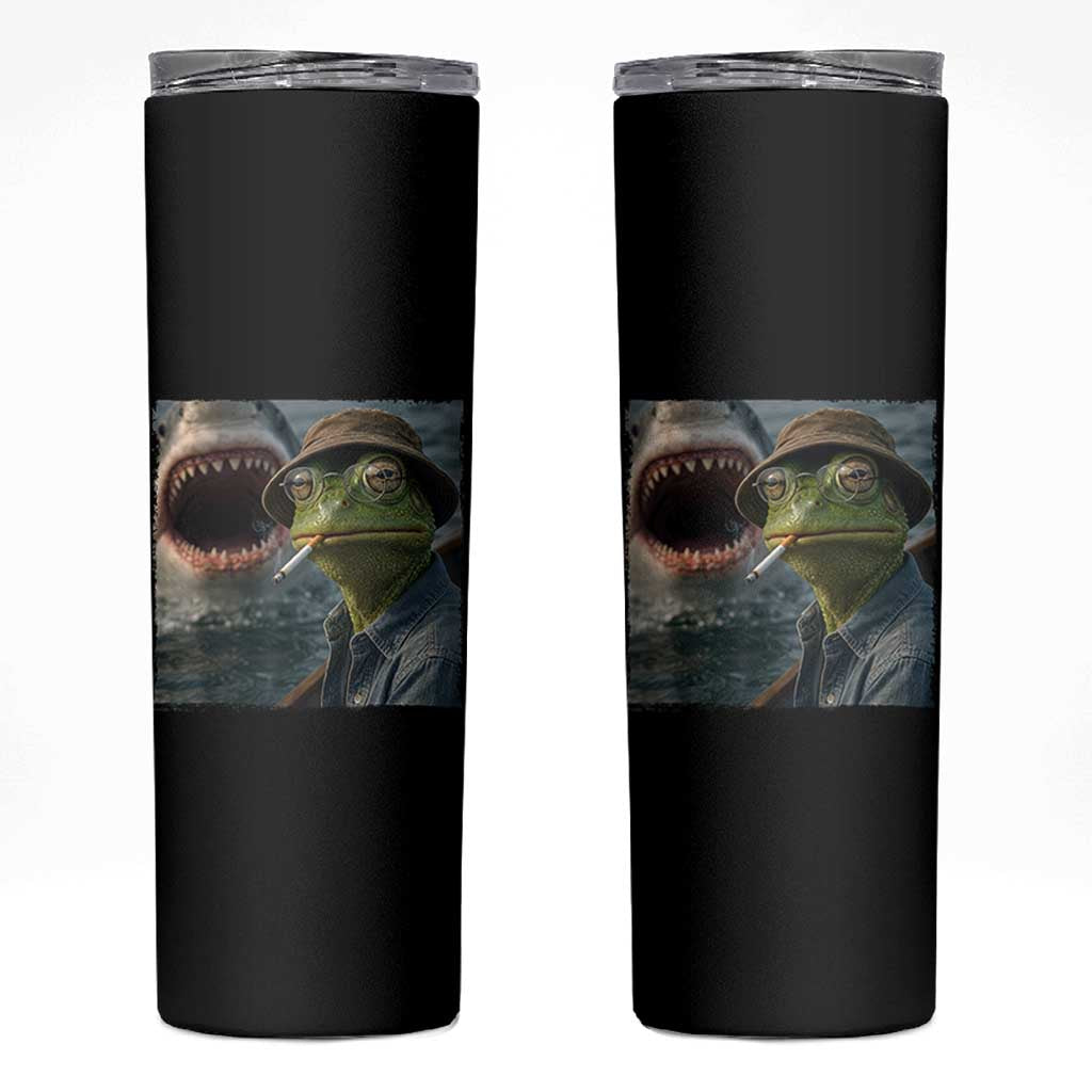 Unbothered Frog Smoking Cigarette Meme Skinny Tumbler Cinematic Shark Attack Calmness Graphic Dark Humor