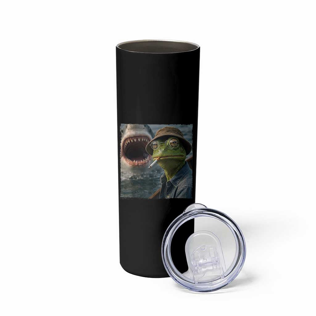 Unbothered Frog Smoking Cigarette Meme Skinny Tumbler Cinematic Shark Attack Calmness Graphic Dark Humor