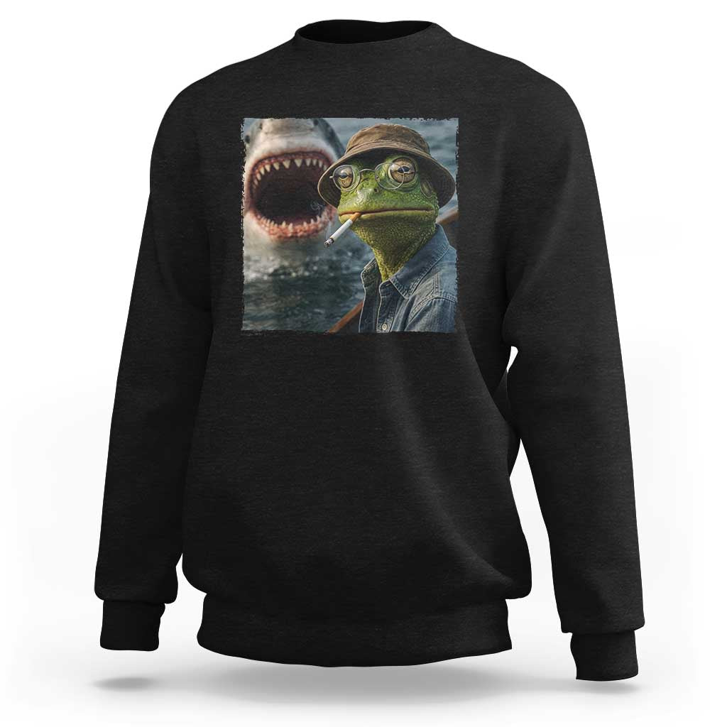 Unbothered Frog Smoking Cigarette Meme Sweatshirt Cinematic Shark Attack Calmness Graphic Dark Humor