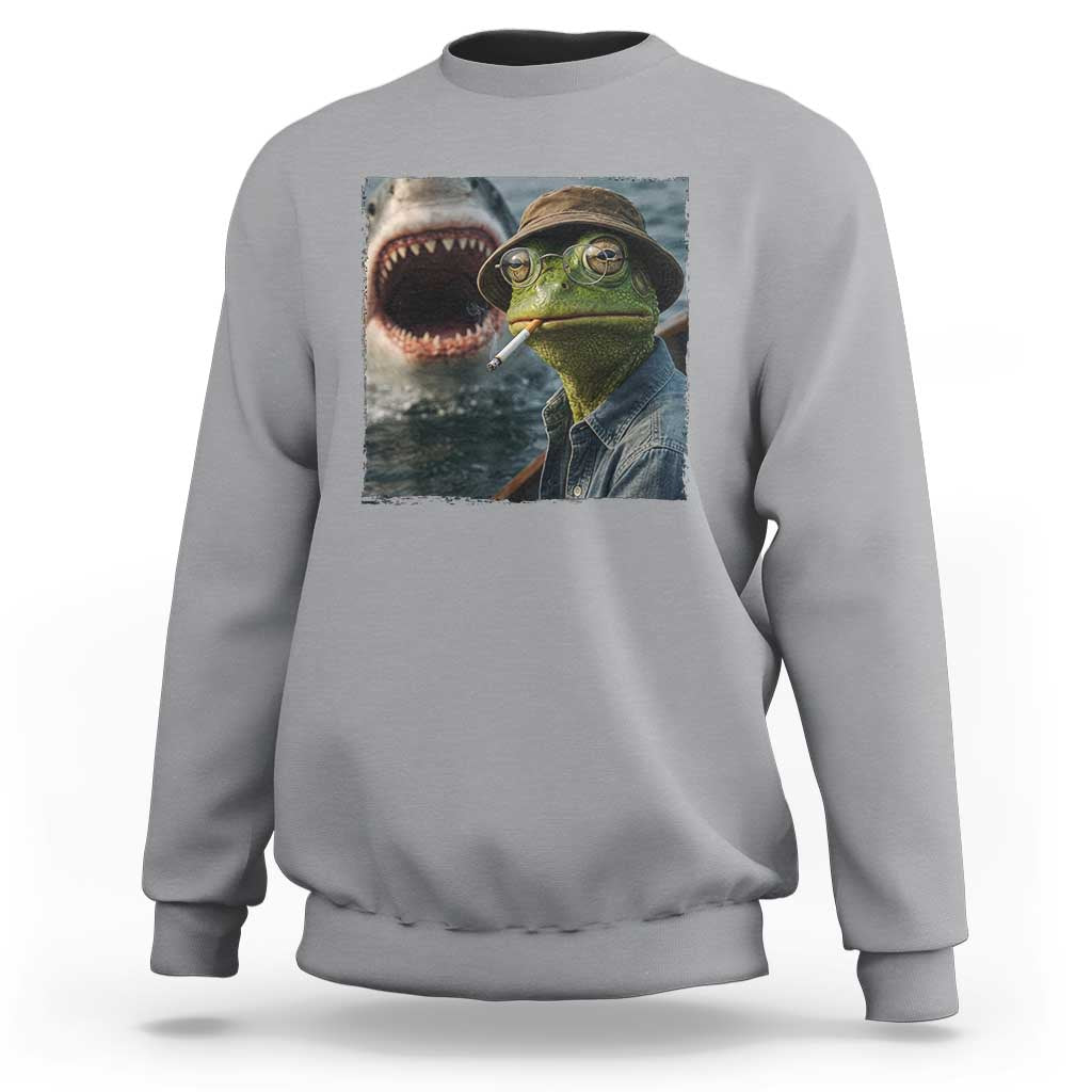 Unbothered Frog Smoking Cigarette Meme Sweatshirt Cinematic Shark Attack Calmness Graphic Dark Humor
