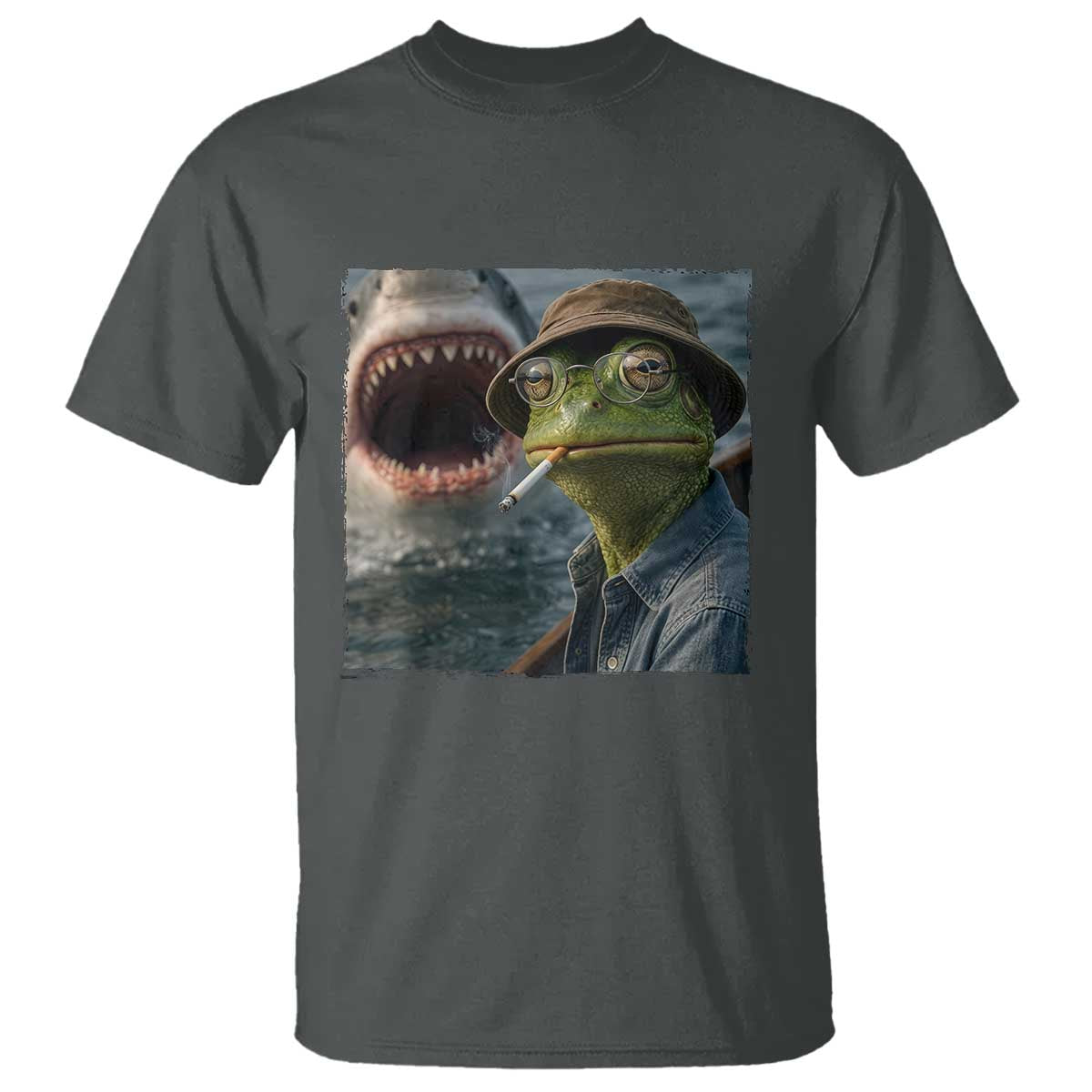 Unbothered Frog Smoking Cigarette Meme T Shirt Cinematic Shark Attack Calmness Graphic Dark Humor