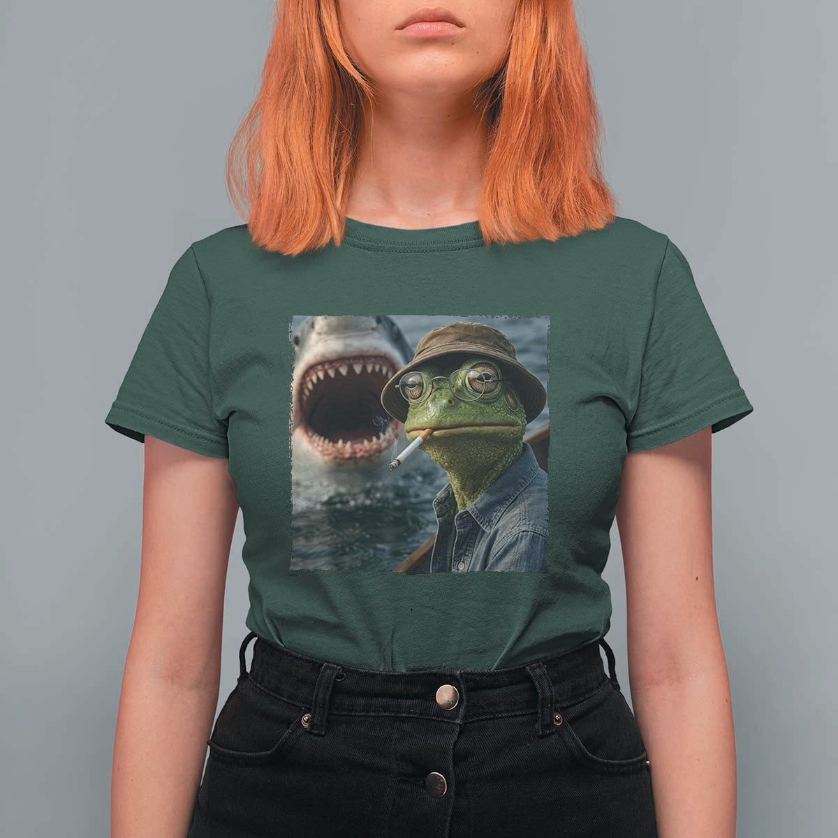 Unbothered Frog Smoking Cigarette Meme T Shirt For Women Cinematic Shark Attack Calmness Graphic Dark Humor