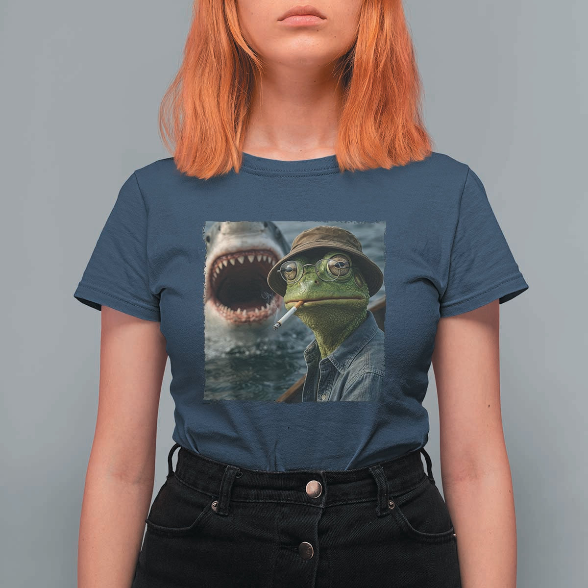 Unbothered Frog Smoking Cigarette Meme T Shirt For Women Cinematic Shark Attack Calmness Graphic Dark Humor
