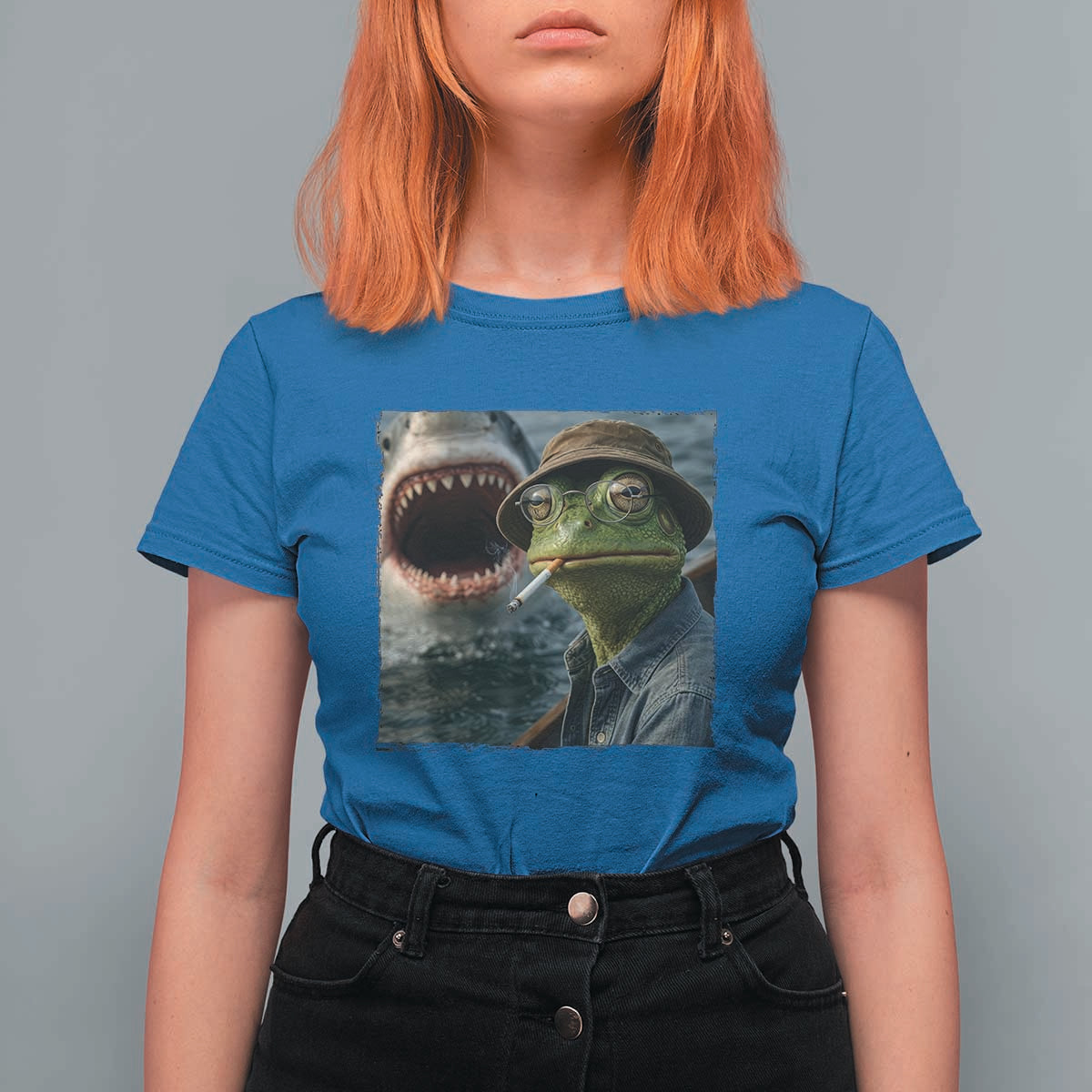Unbothered Frog Smoking Cigarette Meme T Shirt For Women Cinematic Shark Attack Calmness Graphic Dark Humor