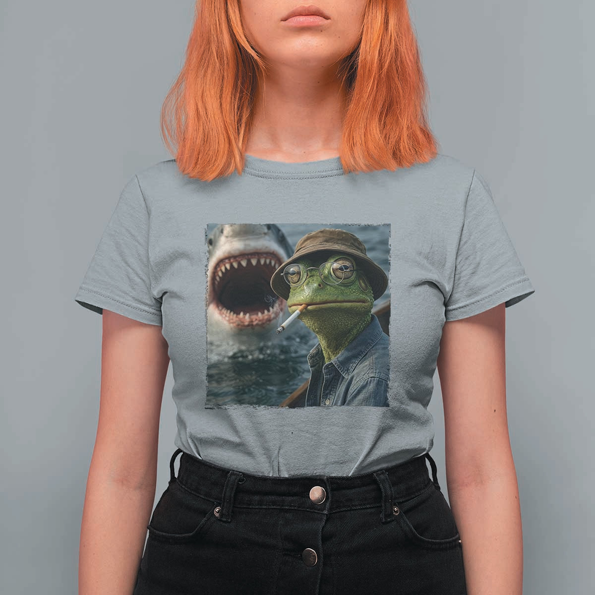 Unbothered Frog Smoking Cigarette Meme T Shirt For Women Cinematic Shark Attack Calmness Graphic Dark Humor