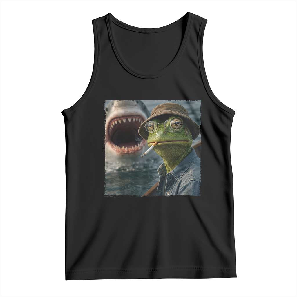 Unbothered Frog Smoking Cigarette Meme Tank Top Cinematic Shark Attack Calmness Graphic Dark Humor