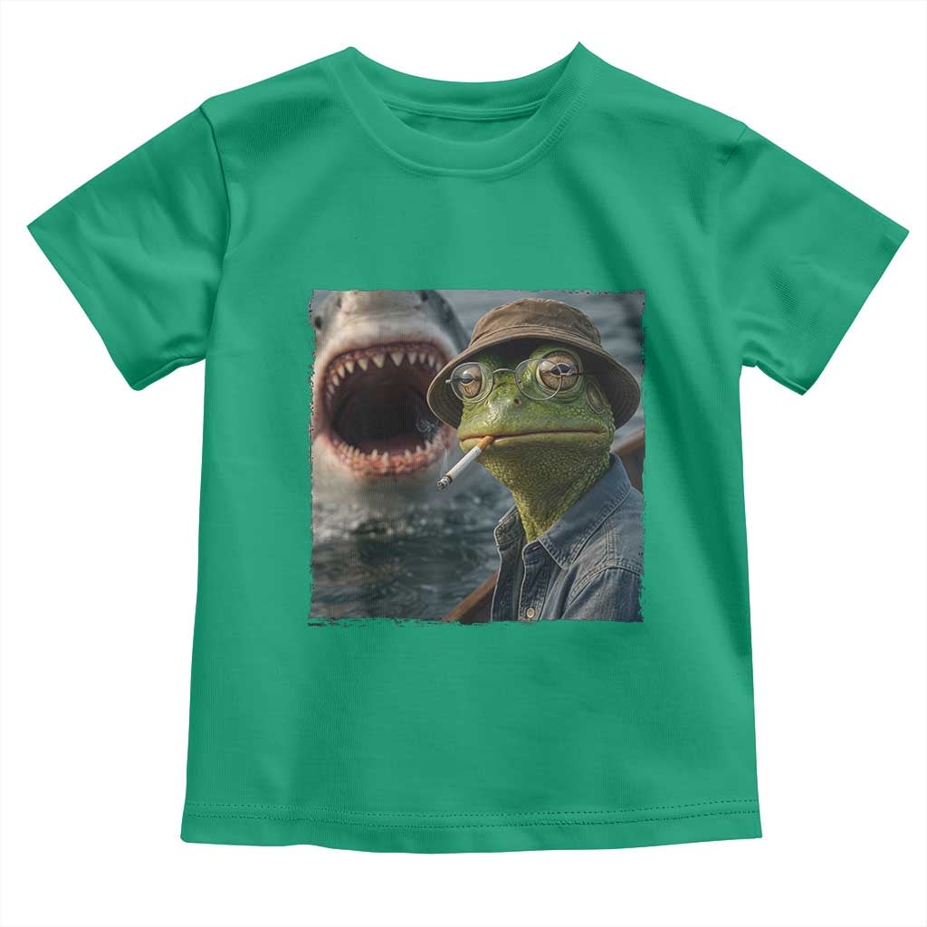 Unbothered Frog Smoking Cigarette Meme Toddler T Shirt Cinematic Shark Attack Calmness Graphic Dark Humor