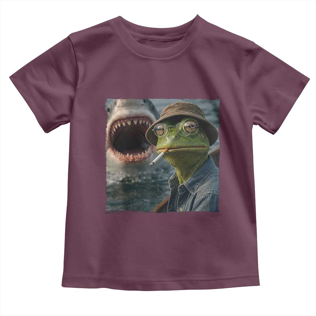 Unbothered Frog Smoking Cigarette Meme Toddler T Shirt Cinematic Shark Attack Calmness Graphic Dark Humor