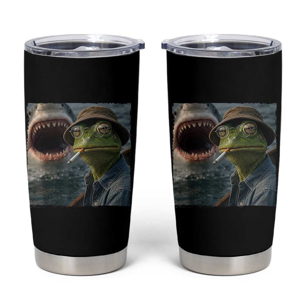 Unbothered Frog Smoking Cigarette Meme Tumbler Cup Cinematic Shark Attack Calmness Graphic Dark Humor